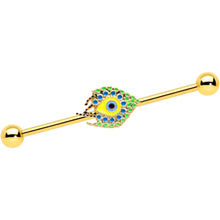 Load image into Gallery viewer, 14G Gold Tone Bold Peacock Feather Industrial Barbell 38mm
