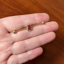 Load image into Gallery viewer, 14G Red Gem Gold Tone Regal Escutcheon Industrial Barbell 38mm
