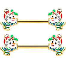 Load image into Gallery viewer, 14G 9/16 Clear Gem Gold Tone Snowman Christmas Nipple Ring Set
