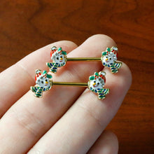 Load image into Gallery viewer, 14G 9/16 Clear Gem Gold Tone Snowman Christmas Nipple Ring Set
