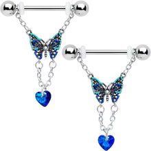 Load image into Gallery viewer, 14G 9/16 Blue Gem Heart Colorful Butterfly Dangle Nipple Ring Set
