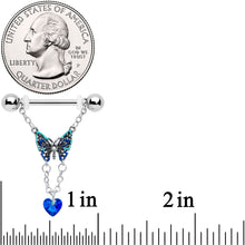 Load image into Gallery viewer, 14G 9/16 Blue Gem Heart Colorful Butterfly Dangle Nipple Ring Set
