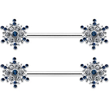 Load image into Gallery viewer, 14G 9/16 Blue Gem Festive Snowflake Christmas Nipple Ring Set

