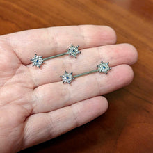 Load image into Gallery viewer, 14G 9/16 Blue Gem Festive Snowflake Christmas Nipple Ring Set
