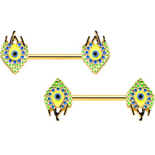 Load image into Gallery viewer, 14G 9/16 Gold Tone Bold Peacock Feather Barbell Nipple Ring Set
