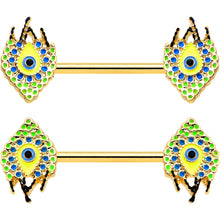 Load image into Gallery viewer, 14G 9/16 Gold Tone Bold Peacock Feather Barbell Nipple Ring Set
