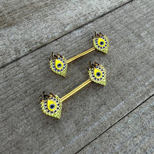 Load image into Gallery viewer, 14G 9/16 Gold Tone Bold Peacock Feather Barbell Nipple Ring Set
