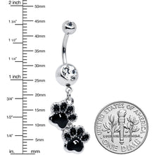 Load image into Gallery viewer, Clear Gem Textured Black Paw Print Dangle Belly Ring
