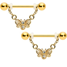 Load image into Gallery viewer, 14G 5/8 Clear Gem Gold Tone Chain Dangle Barbell Nipple Ring Set
