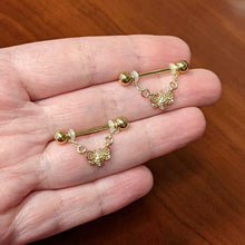 Load image into Gallery viewer, 14G 5/8 Clear Gem Gold Tone Chain Dangle Barbell Nipple Ring Set
