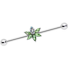 Load image into Gallery viewer, 14G Aurora Green Gem Pot Leaf Industrial Barbell 38mm
