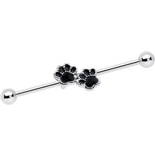 Load image into Gallery viewer, 14G Textured Black Paw Prints Industrial Barbell 38mm
