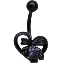 Load image into Gallery viewer, Purple Gem Black Heart Skull Bow Valentines Day Belly Ring
