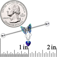 Load image into Gallery viewer, 14G Blue Gem Heart Butterfly Dangle Industrial Barbell 38mm
