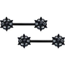 Load image into Gallery viewer, 14G 9/16 Clear CZ Gem Black Abstract Sun Barbell Nipple Ring Set
