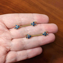 Load image into Gallery viewer, 14G 9/16 Gold Tone Blue Stripe Adorable Angelfish Nipple Ring Set
