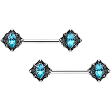 Load image into Gallery viewer, 14G 9/16 Blue Gem Rhombus Retro Barbell Nipple Ring Set
