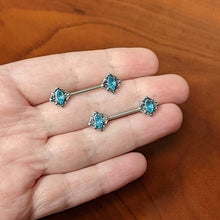 Load image into Gallery viewer, 14G 9/16 Blue Gem Rhombus Retro Barbell Nipple Ring Set
