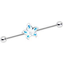Load image into Gallery viewer, 14G Pearly White Orb Blue Flower Industrial Barbell 38mm
