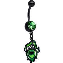 Load image into Gallery viewer, Green Gem Black Striking Peacock Feather Dangle Belly Ring
