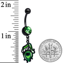 Load image into Gallery viewer, Green Gem Black Striking Peacock Feather Dangle Belly Ring
