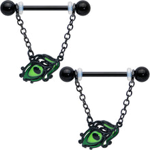 Load image into Gallery viewer, 14G 5/8 Black Striking Peacock Feather Dangle Nipple Ring Set
