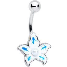 Load image into Gallery viewer, White Pearlescent Orb Blue White Flower Belly Ring
