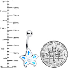 Load image into Gallery viewer, White Pearlescent Orb Blue White Flower Belly Ring
