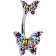 Load image into Gallery viewer, Pink Purple Blue Gem Double Butterfly Double Mount Belly Ring
