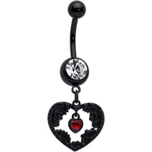 Load image into Gallery viewer, Clear Red Gem Black Skeleton Steampunk Heart Dangle Belly Ring
