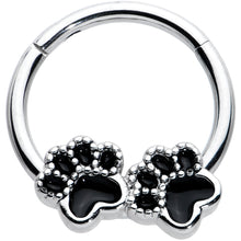 Load image into Gallery viewer, 16G 3/8 Textured Black Paw Prints Hinged Segment Ring
