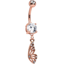 Load image into Gallery viewer, Clear Gem Rose Gold Tone Textured Butterfly Wing Dangle Belly Ring

