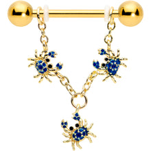 Load image into Gallery viewer, 14G 9/16 Black Gem Gold Tone Blue Crab Dangle Nipple Ring Set
