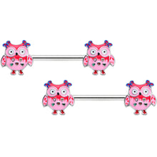 Load image into Gallery viewer, 14G 9/16 Bow Pink Heart Owls Barbell Nipple Ring Set
