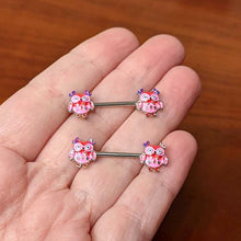Load image into Gallery viewer, 14G 9/16 Bow Pink Heart Owls Barbell Nipple Ring Set
