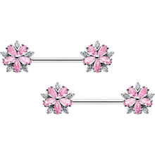 Load image into Gallery viewer, 14G 9/16 Pink CZ Gem Floral Burst Barbell Nipple Ring Set
