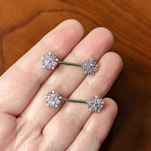 Load image into Gallery viewer, 14G 9/16 Pink CZ Gem Floral Burst Barbell Nipple Ring Set
