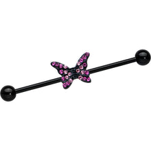 Load image into Gallery viewer, 14G Pink Gem Black Midnight Butterfly Industrial Barbell 38mm
