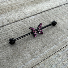 Load image into Gallery viewer, 14G Pink Gem Black Midnight Butterfly Industrial Barbell 38mm
