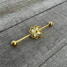 Load image into Gallery viewer, 14G Clear Gem Gold Tone Textured Cross Industrial Barbell 38mm

