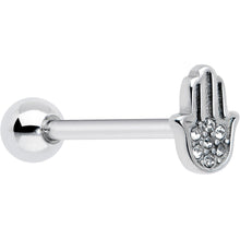 Load image into Gallery viewer, Clear CZ Gem Understated Hamsa Hand Barbell Tongue Ring
