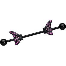 Load image into Gallery viewer, 14G Pink Gem Black Moveable Wing Butterfly Industrial Barbell 38mm
