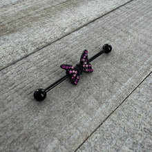 Load image into Gallery viewer, 14G Pink Gem Black Moveable Wing Butterfly Industrial Barbell 38mm
