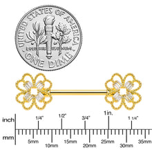 Load image into Gallery viewer, 14G 5/8 Clear Gem Gold Tone Texture Cross Barbell Nipple Ring Set
