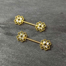 Load image into Gallery viewer, 14G 5/8 Clear Gem Gold Tone Texture Cross Barbell Nipple Ring Set
