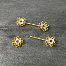Load image into Gallery viewer, 14G 5/8 Clear Gem Gold Tone Texture Cross Barbell Nipple Ring Set
