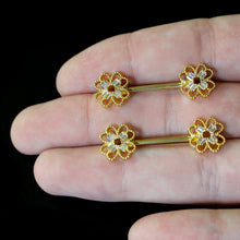 Load image into Gallery viewer, 14G 5/8 Clear Gem Gold Tone Texture Cross Barbell Nipple Ring Set
