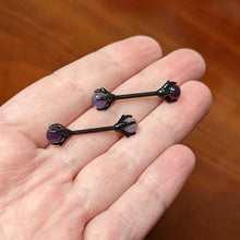Load image into Gallery viewer, 14G 9/16 Purple Amethyst Black Skeleton Hand Nipple Ring Set

