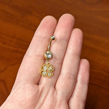 Load image into Gallery viewer, Clear Gem Gold Tone Elegant Textured Shamrock Dangle Belly Ring
