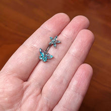 Load image into Gallery viewer, Blue CZ Gem Flower Butterfly Double Mount Belly Ring
